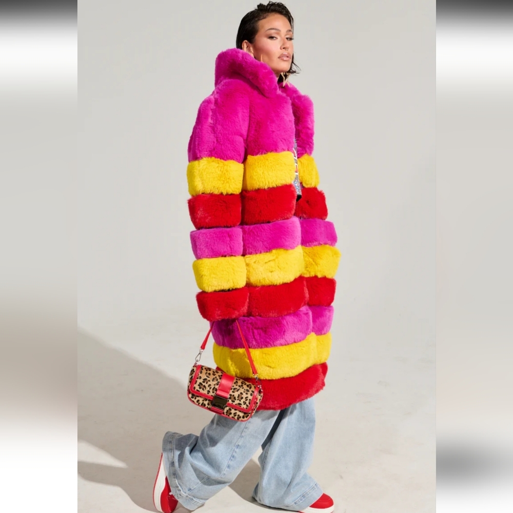 RAMI MULTI COLOR FAUX FUR PANEL TRENCH COAT - Picture 8 of 9